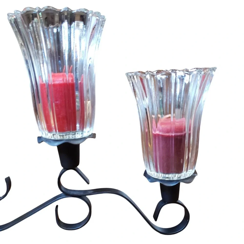 Wrought Iron 5 Light Candelabra Scroll Mantle Centerpiece Fluted‎ Glass Votives